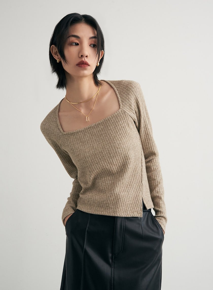 優雅方領坑條親膚長袖上衣